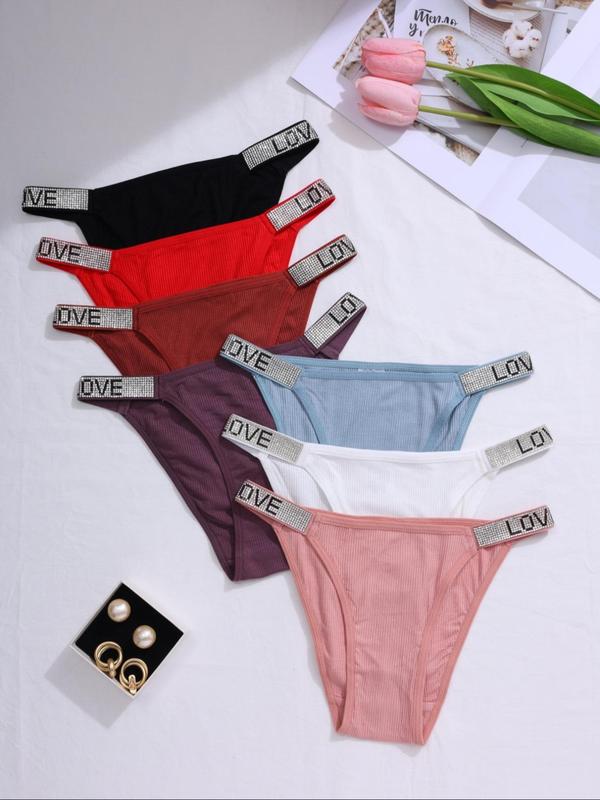 Women's 5pcs Letter Rhinestone Decor High Cut Knicker, Casual Comfy Breathable Drop Waist Panty for Daily Wear, Ladies Underwear for All Seasons, Underwear for Women, Summer Wear 2024