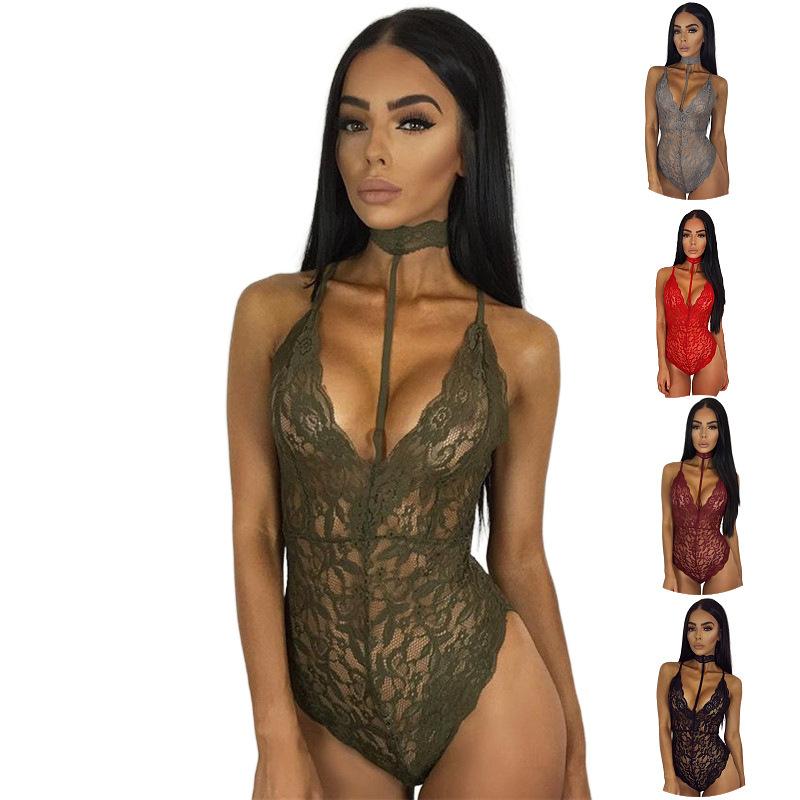 plus Size Women's Halter Lace Sexy Underwear Lace Jumpsuit Temptation Uniform Home Wear Suit Fabric Womenswear