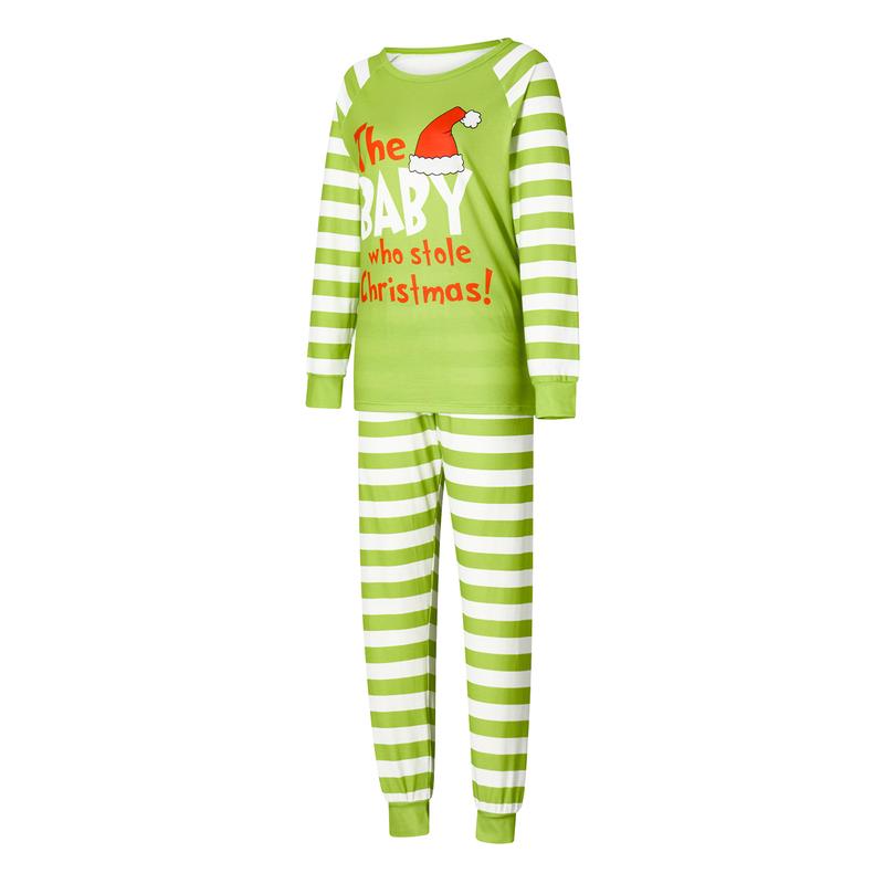 Green Christmas Pajamas for Family Long Sleeve Hat Letter Print Tops + Striped Trousers Set Winter Sleepwear