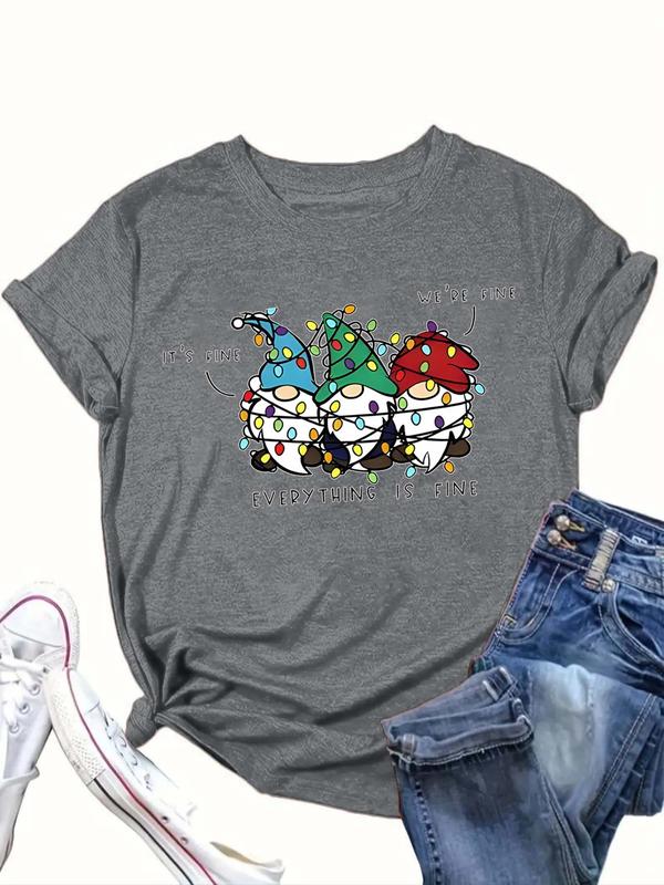  Christmas Cartoon Print Round Neck Tee, Casual Short Sleeve Crew Neck T-Shirt for Summer, Women's Clothing for Daily Wear