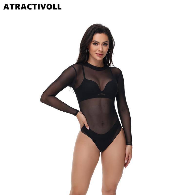 ATRACTIVOLL 1 2PCS Women's Fashion Half High Neck Mesh  Bodysuit Indoor Yoga Wear,Breathable Fabric. Womenswear Tops Comfort Lady women  bodysuits mesh top