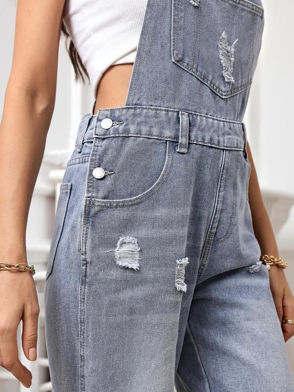 Women's Plain Ripped Straight Leg Denim Jumpsuit, Casual Street Vintage Sleeveless Pocket Jumpsuit for Daily Wear, Ladies Clothes for All Seasons