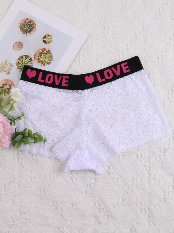 Women's Solid Floral Lace Letter Tape Sheer Boxer Briefs, Soft Comfy Breathable Adaptive Panties for Daily Wear, Underwear for All Seasons