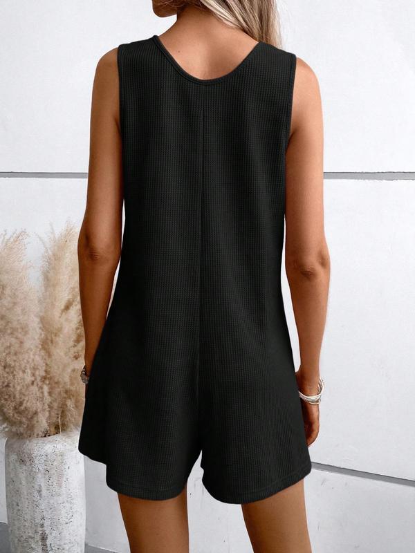 Women's Textured Button Front Pocket Tank Romper, Casual Sleeveless Wide Leg Romper for Summer, Fashion Women's Clothes for Daily Wear