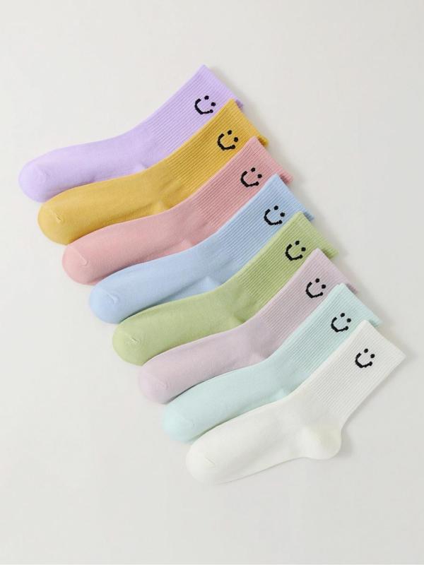 Women's Smile Face Print Crew Socks, Casual Comfy Breathable  Mid-Calf Socks for Daily Wear, Women's Socks for All Seasons