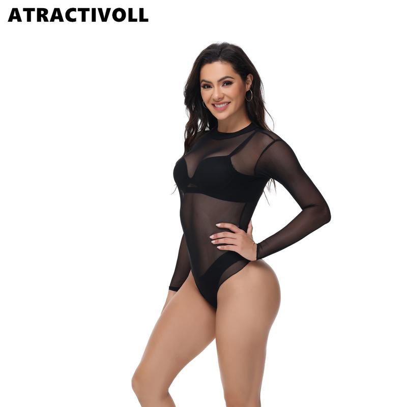 ATRACTIVOLL 1 2PCS Women's Fashion Half High Neck Mesh  Bodysuit Indoor Yoga Wear,Breathable Fabric. Womenswear Tops Comfort Lady women  bodysuits mesh top