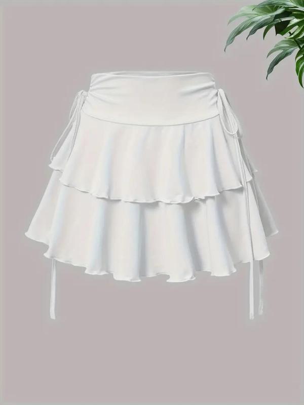 Women's Plain Ruffle Hem Tiered Layer Skirt, Casual Tie Side Short Skirt for Summer, Women's Bottoms for Daily Wear