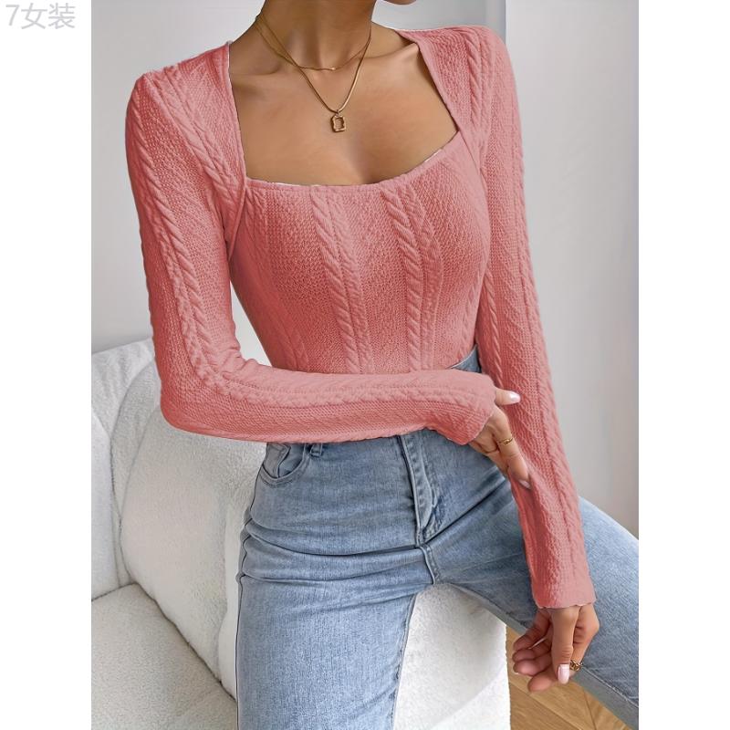 Elegant Long Sleeve Cable Knit Bodysuit - Women's Clothing - Soft, Stretchy, and Comfortable Square Neck Bodycon Bodysuit for Everyday Wear