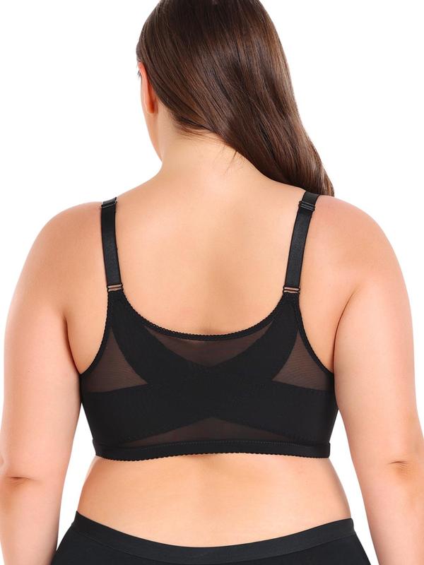  Criss Cross Sheer Buckle Front Wireless Bra, Solid Color Comfortable Breathable Push Up Bra, Women's Lingerie for All Seasons