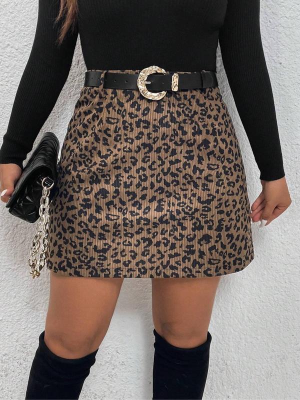  Leopard Print Corduroy A Line Skirt, Casual Fashion Mini Skirt for Daily Outdoor Wear, Women Clothing for Fall & Winter