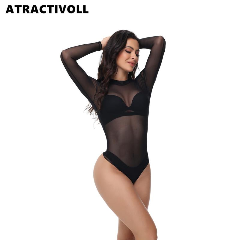 ATRACTIVOLL 1 2PCS Women's Fashion Half High Neck Mesh  Bodysuit Indoor Yoga Wear,Breathable Fabric. Womenswear Tops Comfort Lady women  bodysuits mesh top