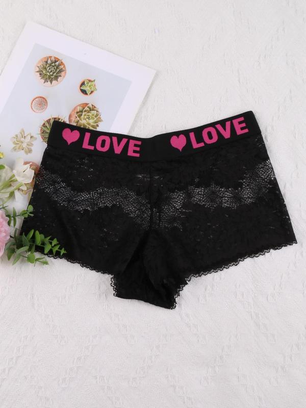 Women's Solid Floral Lace Letter Tape Sheer Boxer Briefs, Soft Comfy Breathable Adaptive Panties for Daily Wear, Underwear for All Seasons