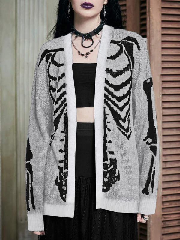 Women's Skeleton Print Drop Shoulder Cardigan, Casual Halloween Long Sleeve Open Front Knitwear for Fall, Women's Clothing for Daily Wear