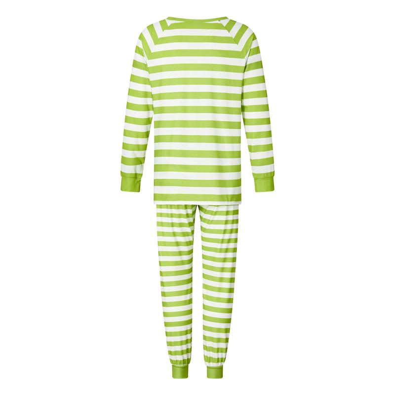 Green Christmas Pajamas for Family Long Sleeve Hat Letter Print Tops + Striped Trousers Set Winter Sleepwear