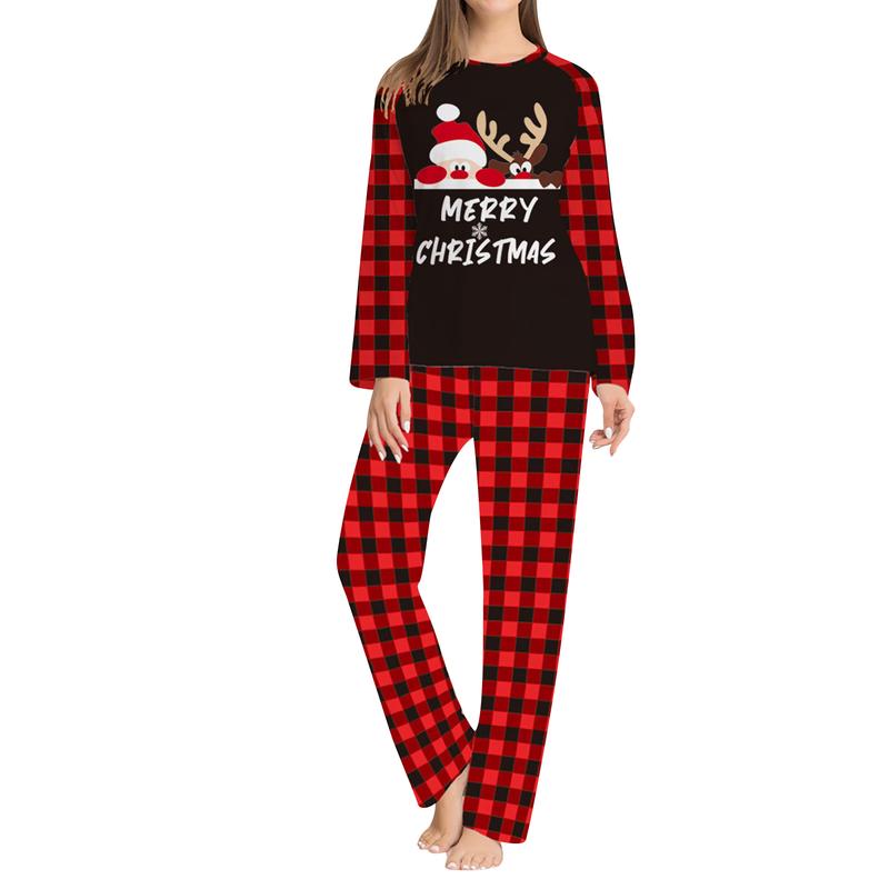 Family Matching Christmas Pajamas, Romper Clothes Letter Deer Print Long Sleeve Tops and Plaid Pants Sleepwear Set Womenswear Check