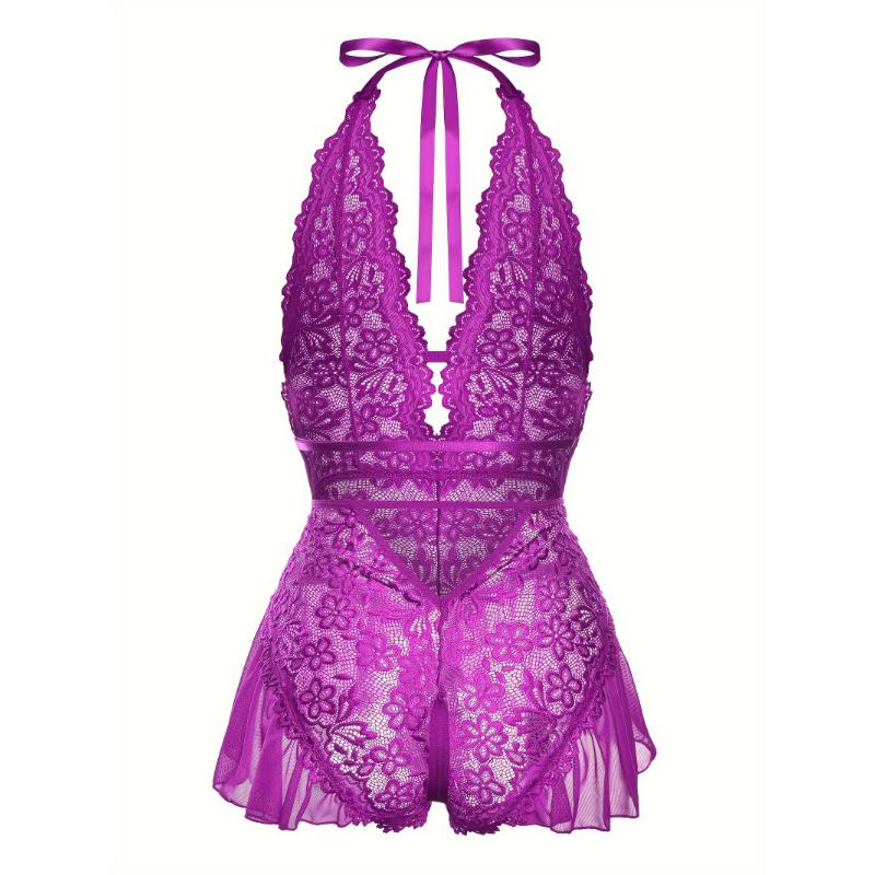 Sultry Floral Lace Teddy Bodysuit - Teddies with Halter Strappy Backless Open Crotch Design, Sexy Women's Lingerie & Underwear for Romantic Nights Out