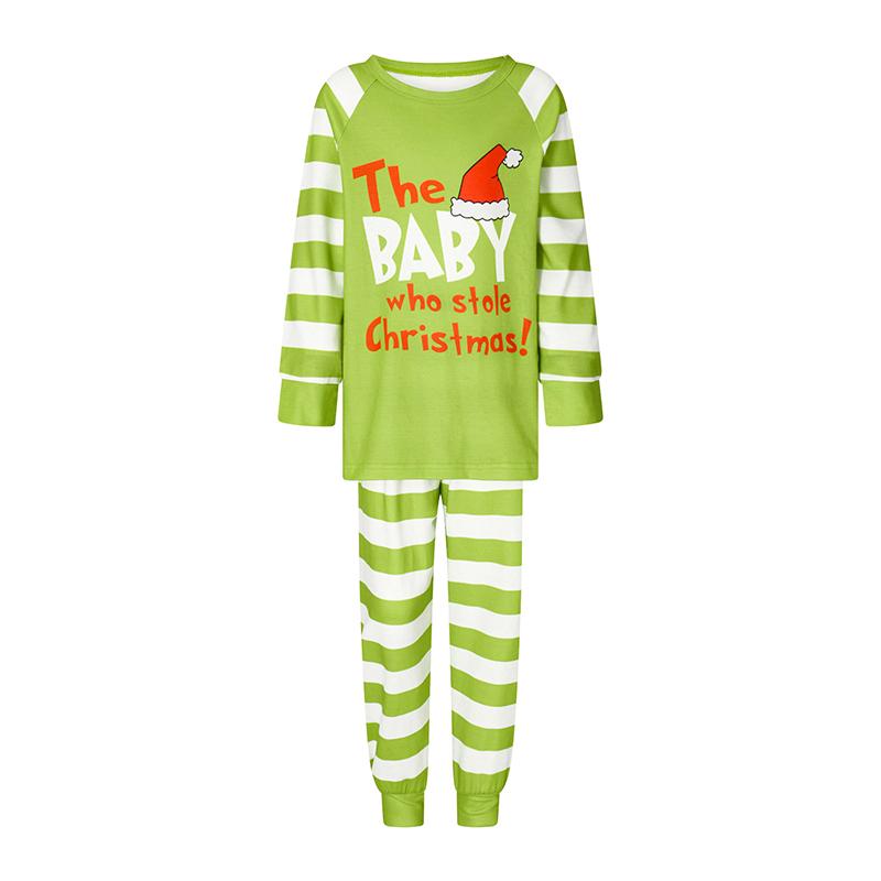 Green Christmas Pajamas for Family Long Sleeve Hat Letter Print Tops + Striped Trousers Set Winter Sleepwear