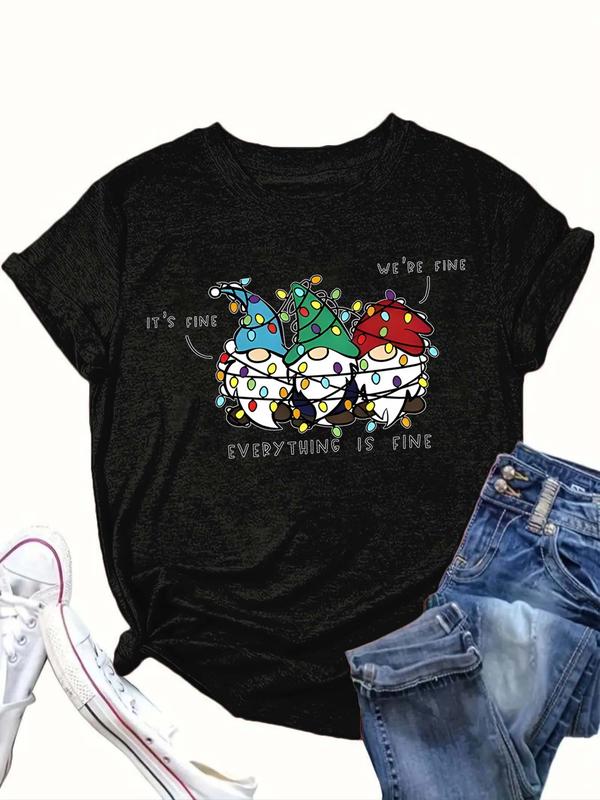  Christmas Cartoon Print Round Neck Tee, Casual Short Sleeve Crew Neck T-Shirt for Summer, Women's Clothing for Daily Wear