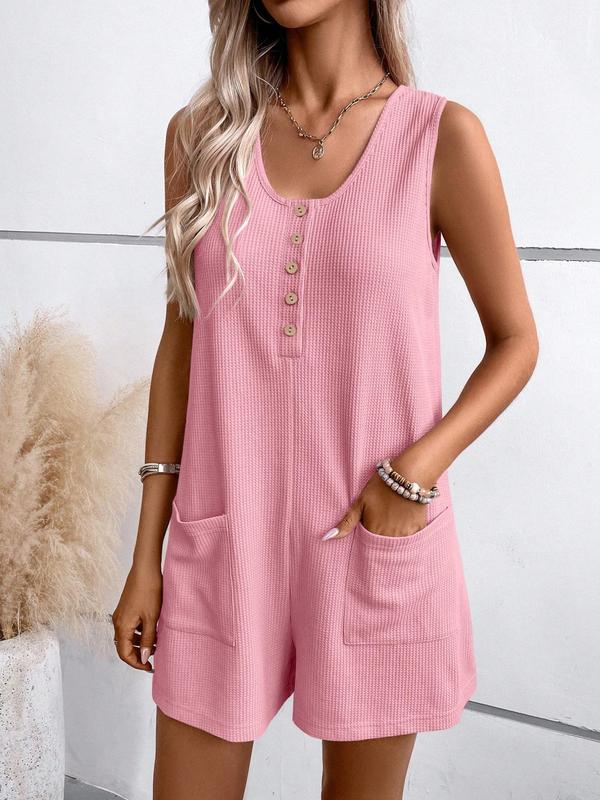 Women's Textured Button Front Pocket Tank Romper, Casual Sleeveless Wide Leg Romper for Summer, Fashion Women's Clothes for Daily Wear