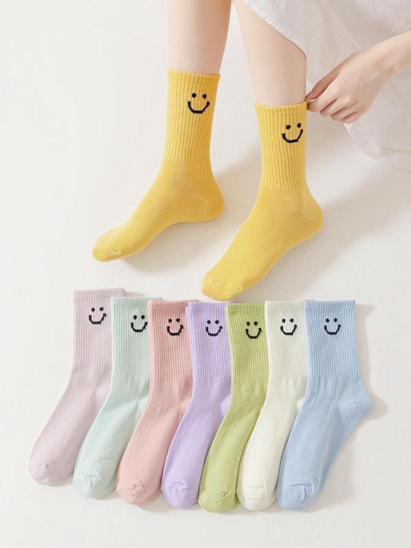 Women's Smile Face Print Crew Socks, Casual Comfy Breathable  Mid-Calf Socks for Daily Wear, Women's Socks for All Seasons