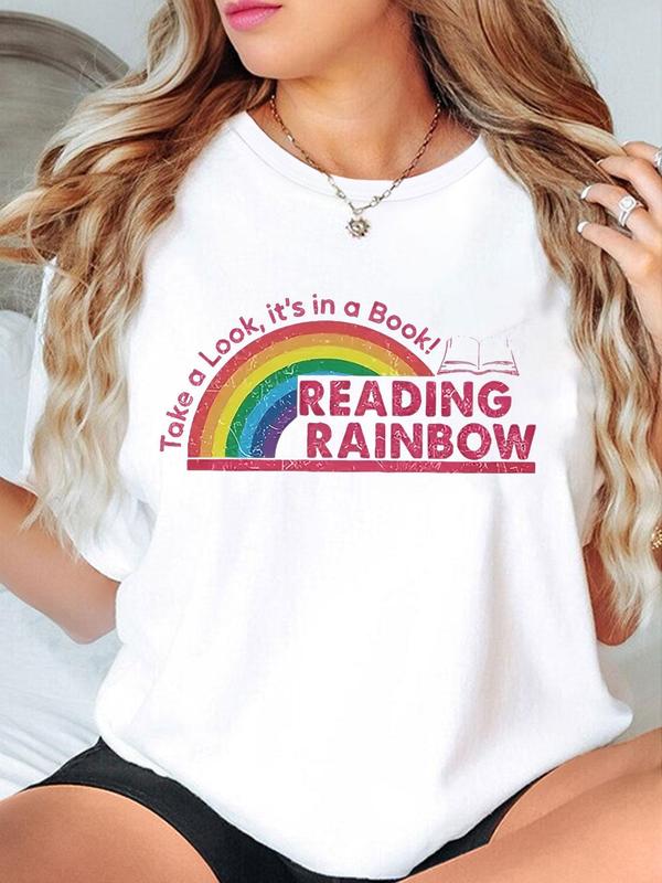 Women's Reading Rainbow Print Round Neck Tee, Fashion Casual Crew Neck T-Shirt for Daily Holiday Vacation Outdoor Wear, Ladies Clothes for Summer