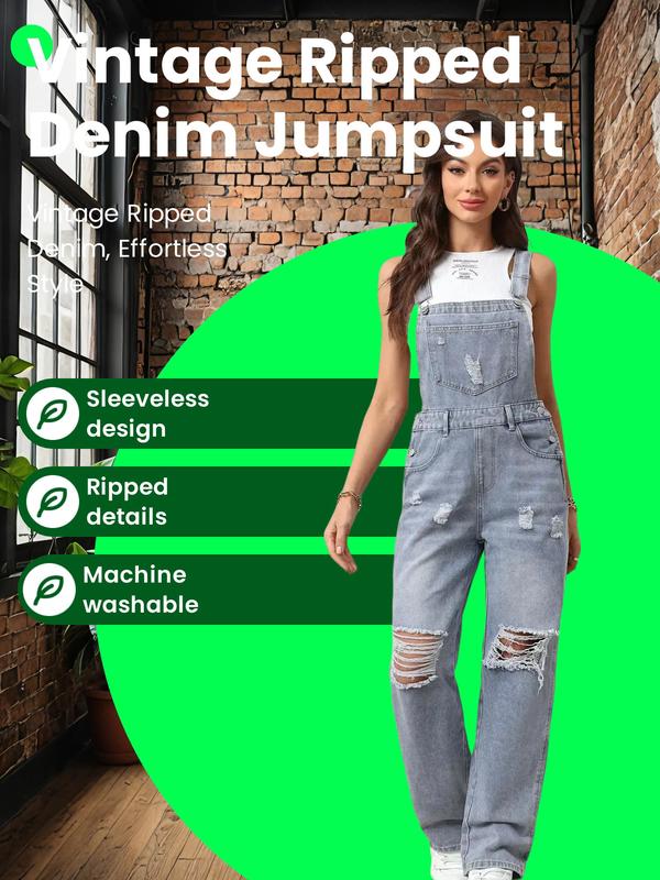 Women's Plain Ripped Straight Leg Denim Jumpsuit, Casual Street Vintage Sleeveless Pocket Jumpsuit for Daily Wear, Ladies Clothes for All Seasons