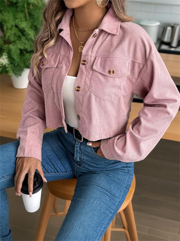 Women's Solid Button Front Drop Shoulder Jacket, Casual Long Sleeve Collared Pocket Outerwear for Fall & Winter, Ladies Clothes for Daily Wear