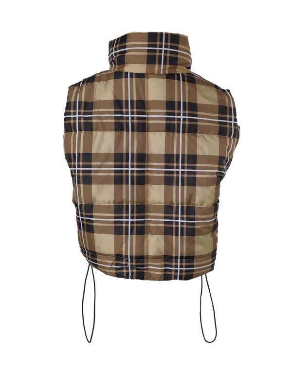 Women's Plaid Print Zip Up Drawstring Vest Jacket, Casual Sleeveless Stand Collar Outerwear for Winter, Ladies Clothes for Daily Wear