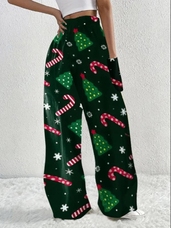 Women's Christmas Print Pocket Elastic Waist Wide Leg Pants, Casual Comfy Trousers for Daily Wear, Ladies Bottoms for Fall & Winter