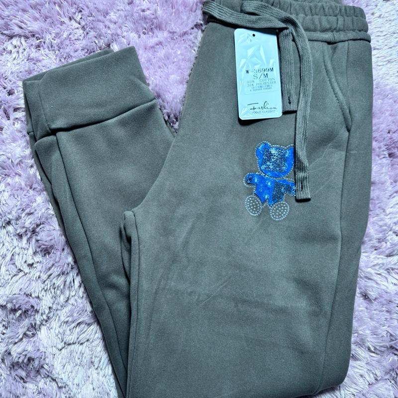 Women's Blue Denim Sweatpants with Bear Design and Rhinestone Tone - Womenswear, Jean Comfort Bottom