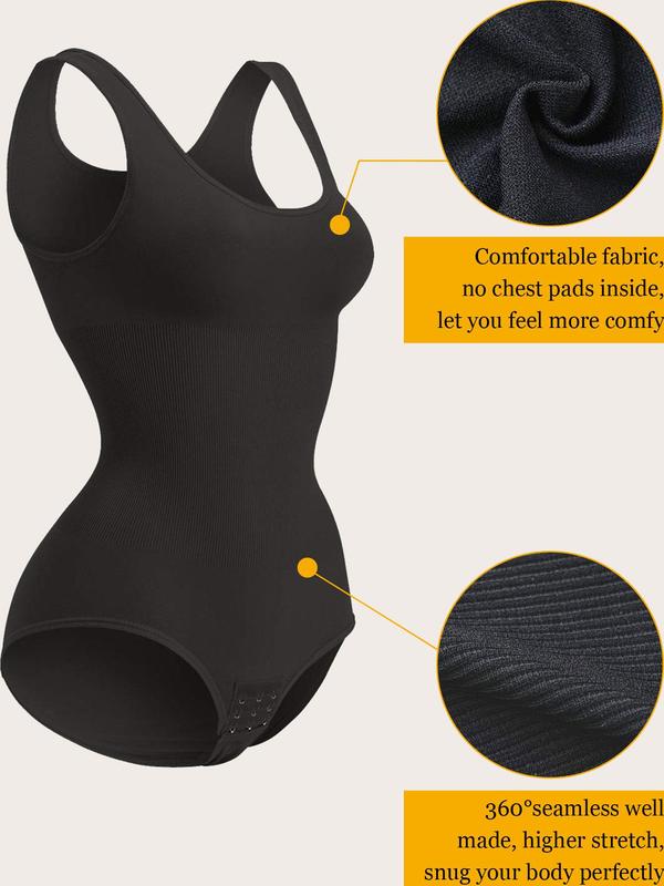 Women's Solid Scoop Neck Hook Eye Design Tank Bodysuit, Basic Comfy Breathable Shaper for Daily Wear, Tummy Control Butt Lifting Shapewear for Women