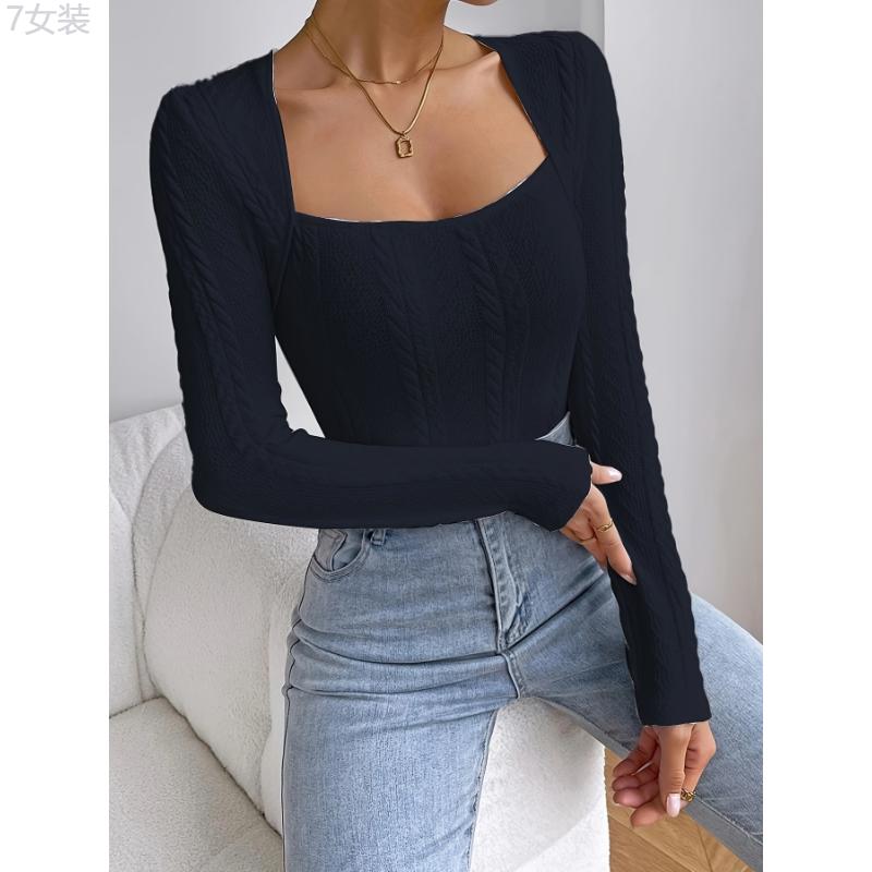 Elegant Long Sleeve Cable Knit Bodysuit - Women's Clothing - Soft, Stretchy, and Comfortable Square Neck Bodycon Bodysuit for Everyday Wear