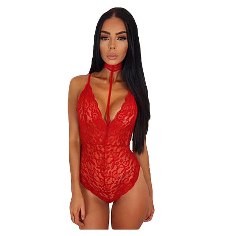 plus Size Women's Halter Lace Sexy Underwear Lace Jumpsuit Temptation Uniform Home Wear Suit Fabric Womenswear