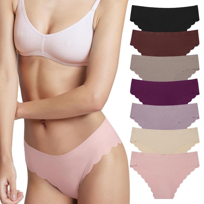 Seamless Briefs Underwear for Women Ice Silk Fabric Feel  Bikini Breathable Hipster Wavy Sides Invisibles Panties 7 Pack S-XL Comfortable Womenswear Anniversary Gifts Compression Everyday