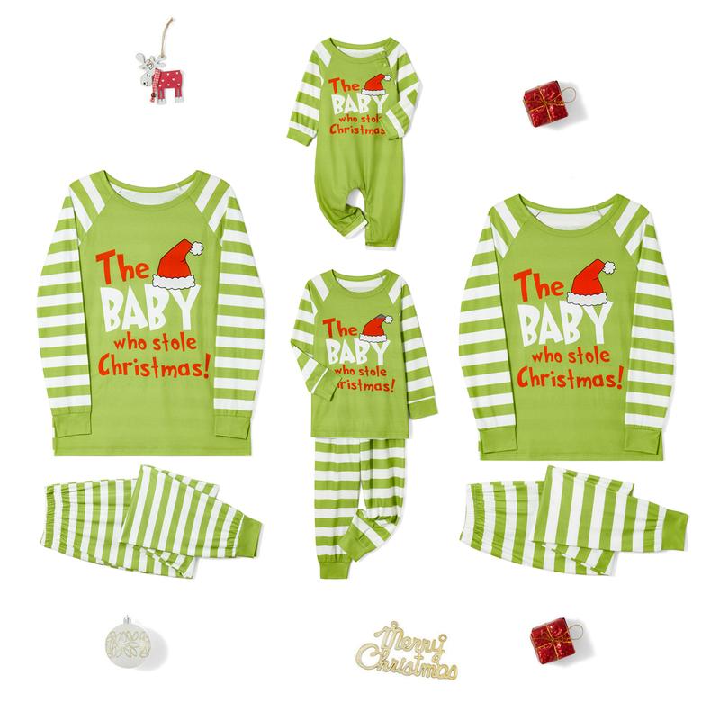 Green Christmas Pajamas for Family Long Sleeve Hat Letter Print Tops + Striped Trousers Set Winter Sleepwear