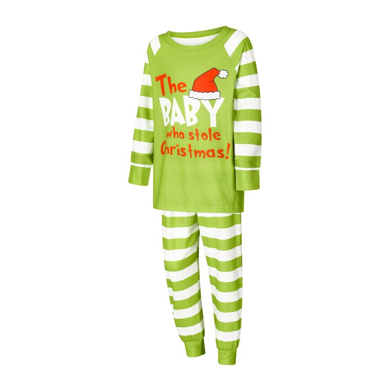 Green Christmas Pajamas for Family Long Sleeve Hat Letter Print Tops + Striped Trousers Set Winter Sleepwear