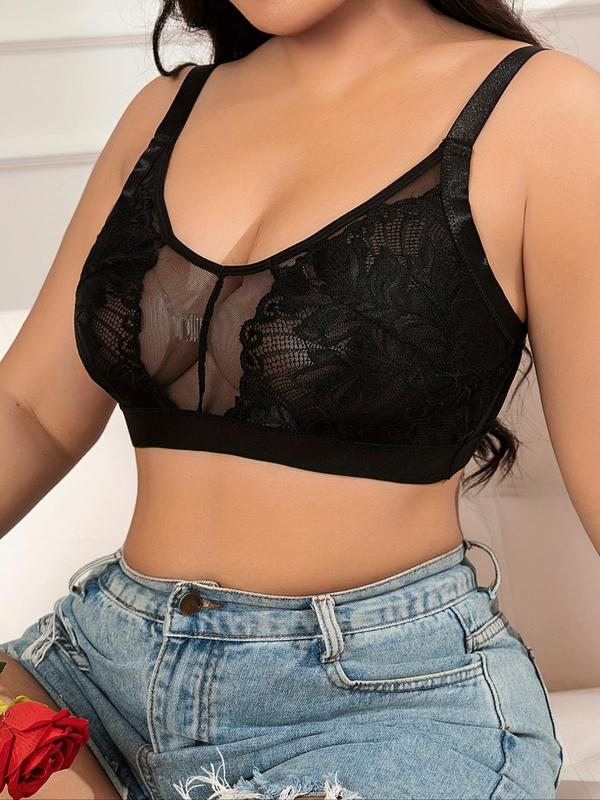  Contrast Lace Sheer Sexy Bra, Soft Comfy Breathable Push Up Lingerie Top for Daily Wear, Women's Lingerie for All Seasons