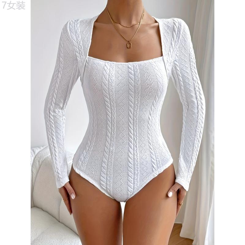 Elegant Long Sleeve Cable Knit Bodysuit - Women's Clothing - Soft, Stretchy, and Comfortable Square Neck Bodycon Bodysuit for Everyday Wear