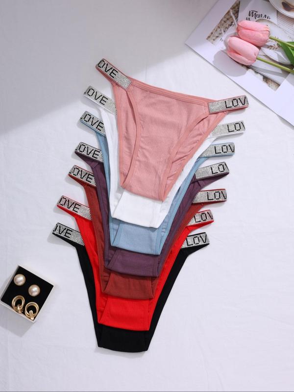 Women's 5pcs Letter Rhinestone Decor High Cut Knicker, Casual Comfy Breathable Drop Waist Panty for Daily Wear, Ladies Underwear for All Seasons, Underwear for Women, Summer Wear 2024