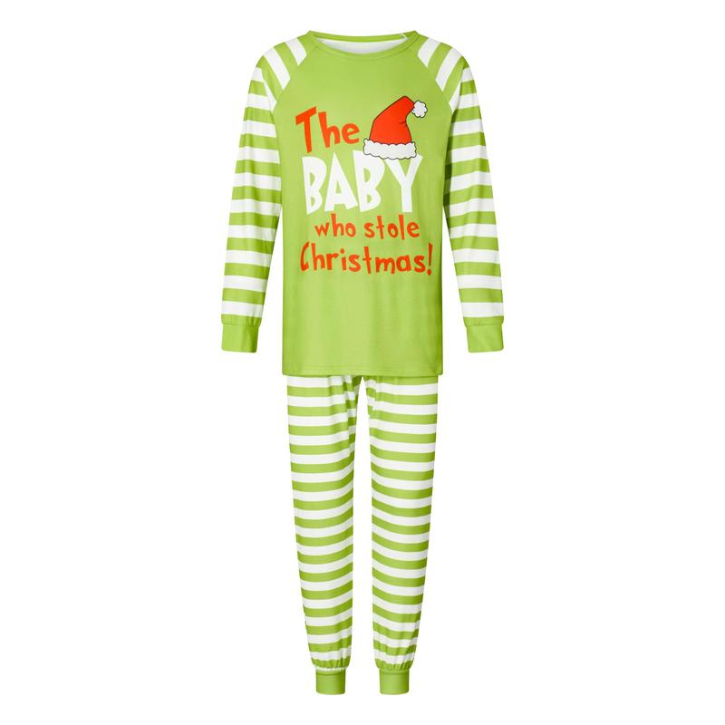 Green Christmas Pajamas for Family Long Sleeve Hat Letter Print Tops + Striped Trousers Set Winter Sleepwear