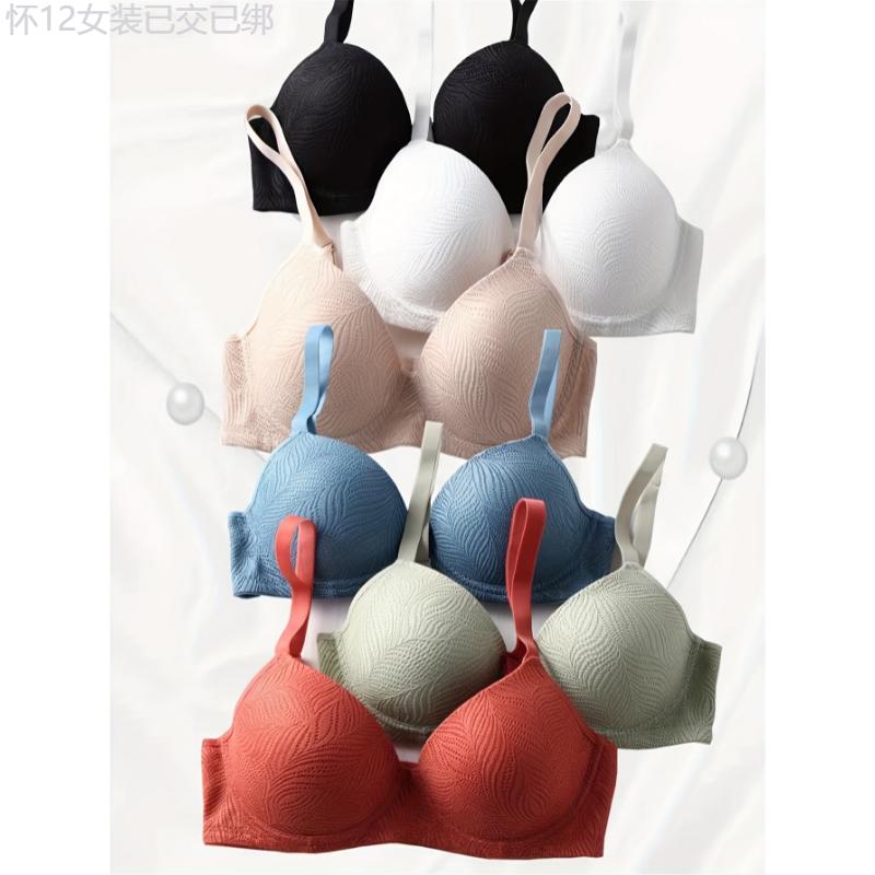 6pcs Solid Seamless Underwire Bra, Anti-Sagging Comfy Push Up, Sexy Women's Lingerie & Underwear Fabric Womenswear