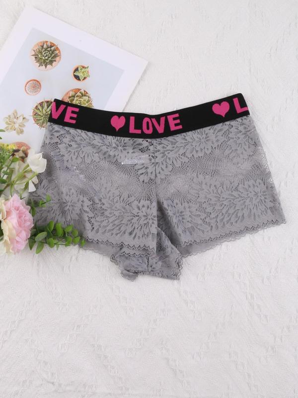 Women's Solid Floral Lace Letter Tape Sheer Boxer Briefs, Soft Comfy Breathable Adaptive Panties for Daily Wear, Underwear for All Seasons