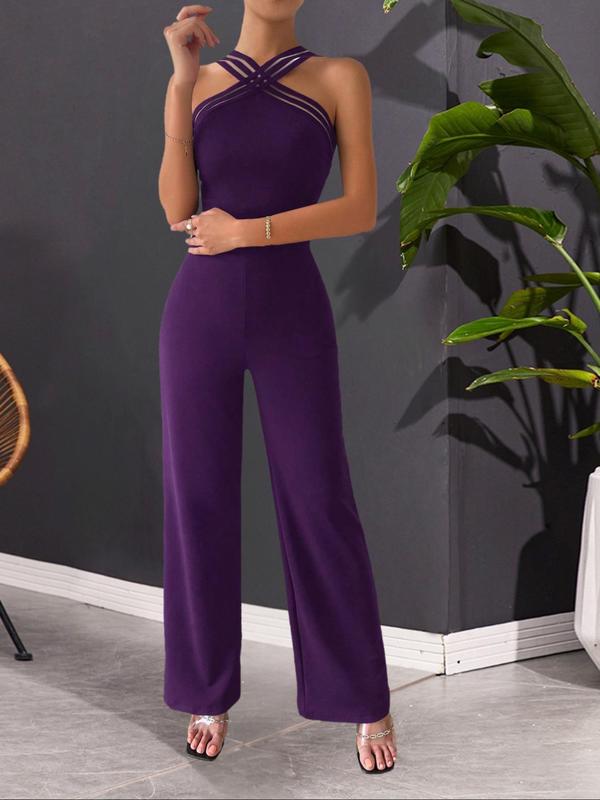 Women's Contrast Mesh Criss Cross Sheer Jumpsuit, Elegant Fashion Casual Backless Straight Leg Jumpsuit for Daily Outdoor Wear, Women Jumpsuits for Summer