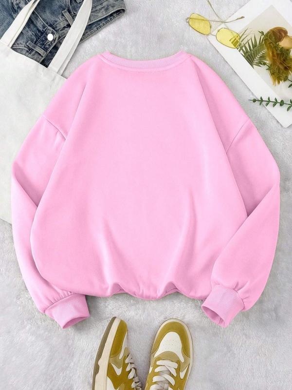 Women's Smile Face Print Drop Shoulder Pullover, 2024 New Style Casual Long Sleeve Crew Neck Sweatshirt for Fall & Winter, Women's Clothes for Daily Wear