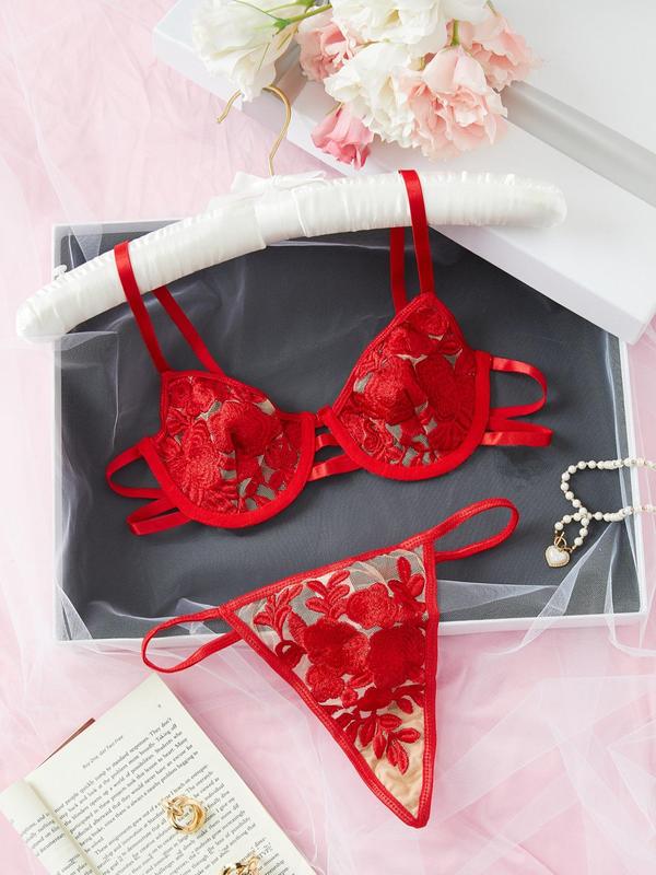 Two-Piece Set Women's Floral Embroidery Cut Out Bra & Thong Sexy Lingerie Set, Adjustable Strap Push Up Bra & Panty, Romantic Underwear Set for Women