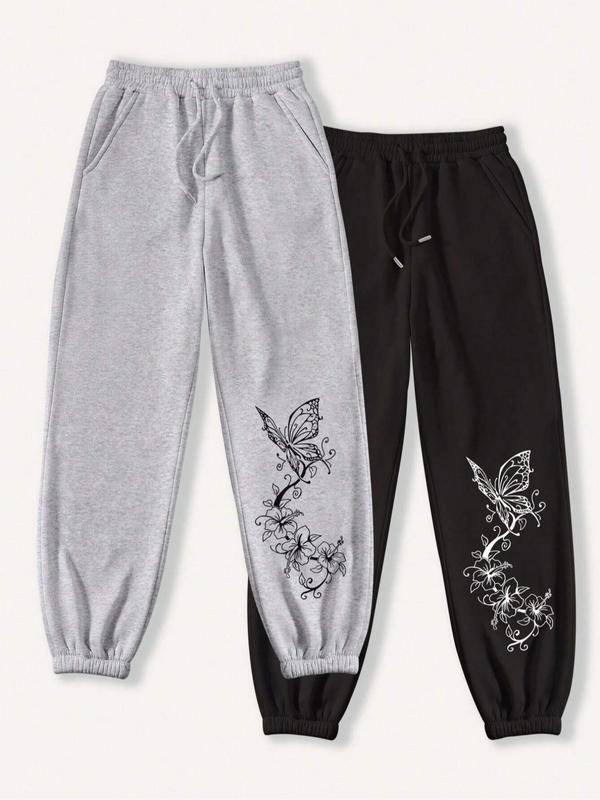 Women's Butterfly & Floral Print Drawstring Waist Sweatpants, Casual Pocket Jogger Pants for Daily Wear, Ladies Bottoms for Winter