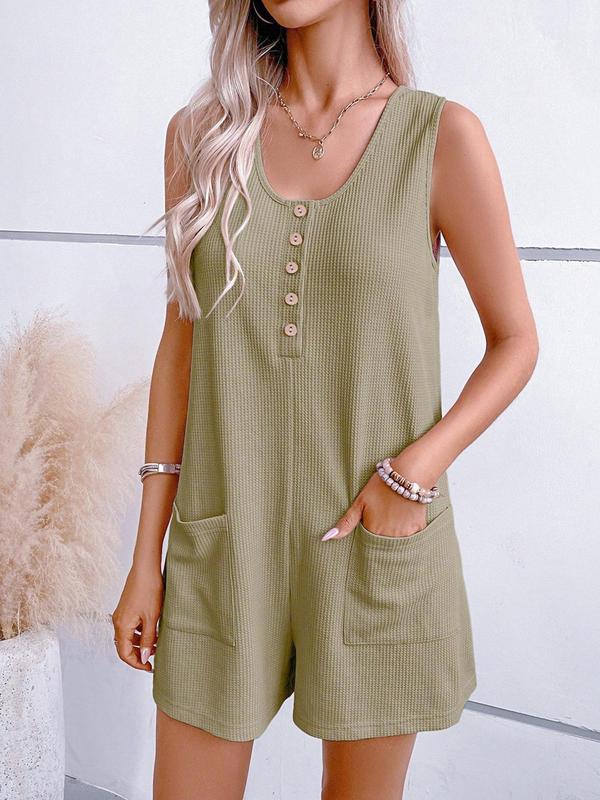 Women's Textured Button Front Pocket Tank Romper, Casual Sleeveless Wide Leg Romper for Summer, Fashion Women's Clothes for Daily Wear