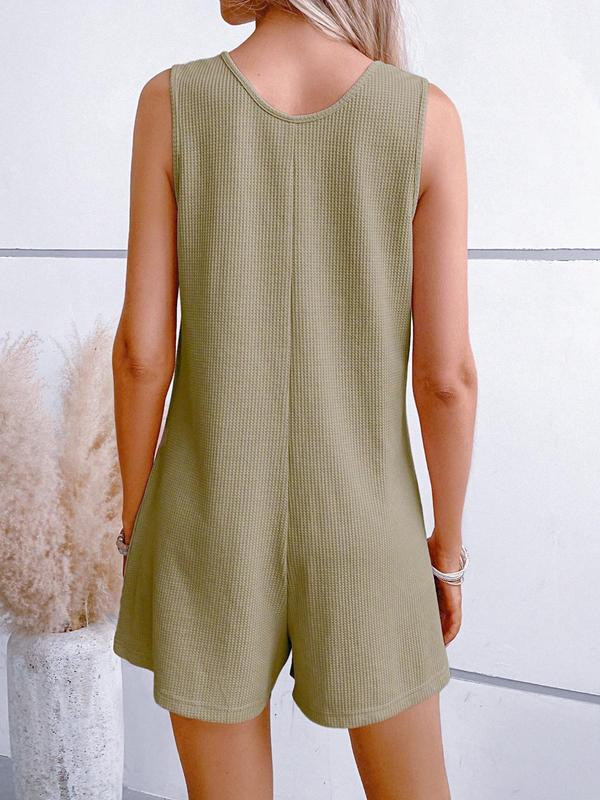 Women's Textured Button Front Pocket Tank Romper, Casual Sleeveless Wide Leg Romper for Summer, Fashion Women's Clothes for Daily Wear