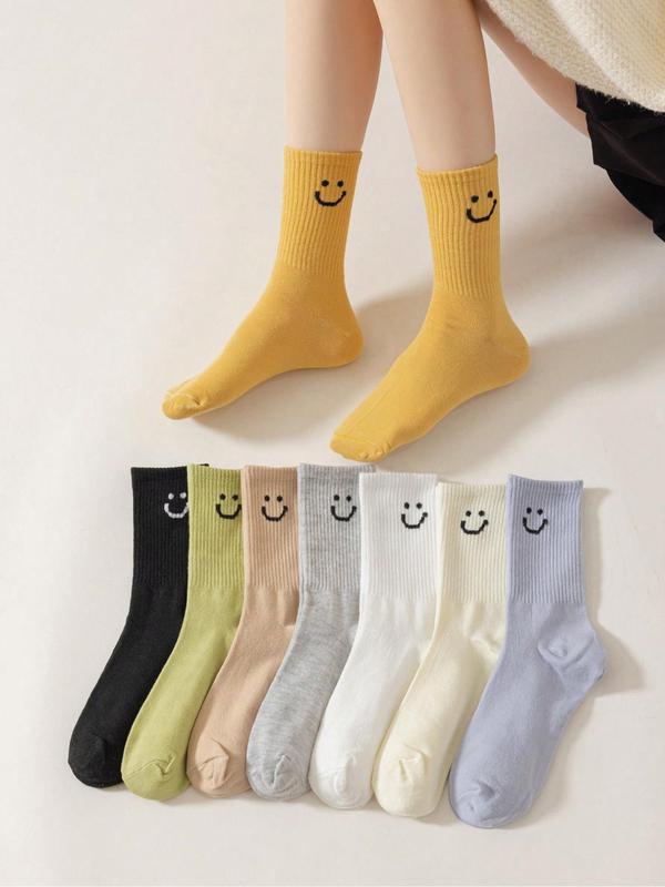 Women's Smile Face Print Crew Socks, Casual Comfy Breathable  Mid-Calf Socks for Daily Wear, Women's Socks for All Seasons