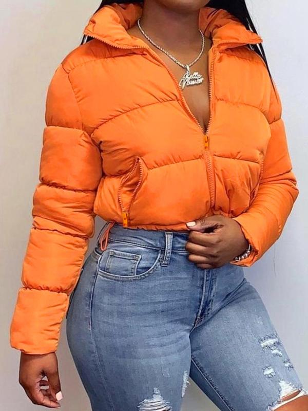 Women's Plain Pocket Full Cropped Winter Coat, Warm Comfy Jackets, Long Sleeve Zipper Puffer Coat for Fall & Winter, for Daily Streetwear, Jackets for Women, Winter Clothes Women, Please Purchase A Size Up, Winter Clothes Women 2024